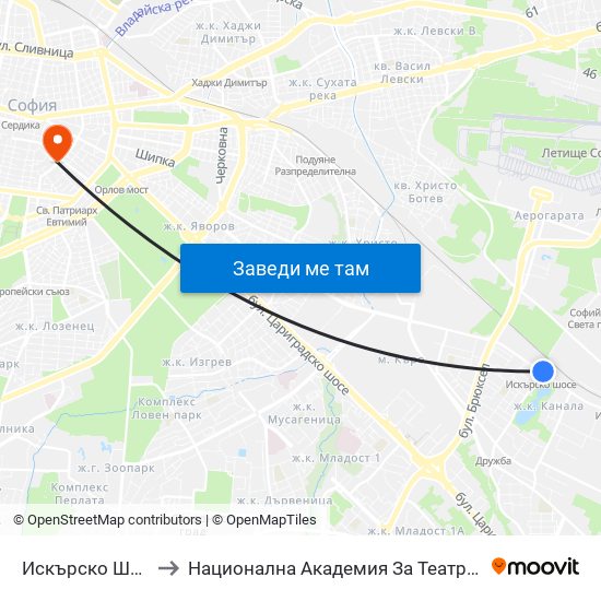 Искърско Шосе / Iskarsko Shosse to Национална Академия За Театрално И Филмово Изкуство Кръстьо Сарафов map