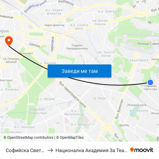 Софийска Света Гора /  Sofiyska Sveta Gora to Национална Академия За Театрално И Филмово Изкуство Кръстьо Сарафов map