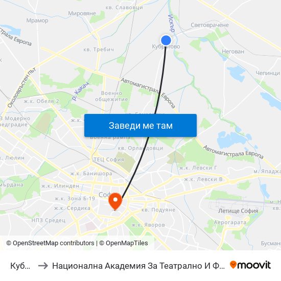 Кубратово to Национална Академия За Театрално И Филмово Изкуство Кръстьо Сарафов map