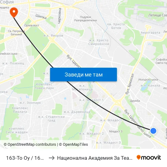 163-То Оу / 163-Th Primary School (0014) to Национална Академия За Театрално И Филмово Изкуство Кръстьо Сарафов map