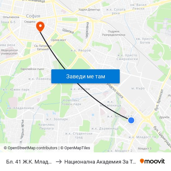 Бл. 41 Ж.К. Младост 1 / Bl. 41, Mladost 1 Qr. (0209) to Национална Академия За Театрално И Филмово Изкуство Кръстьо Сарафов map