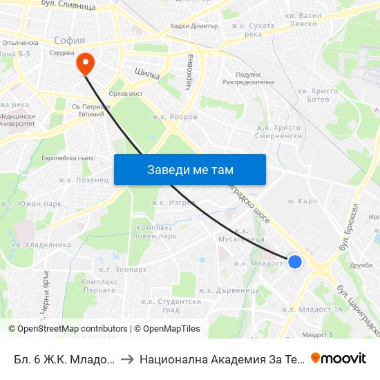 Бл. 6 Ж.К. Младост 1 / Bl. 6, Mladost 1 Qr. (0237) to Национална Академия За Театрално И Филмово Изкуство Кръстьо Сарафов map