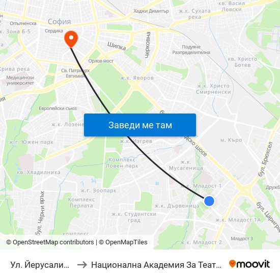 Ул. Йерусалим / Jerusalem St. (0447) to Национална Академия За Театрално И Филмово Изкуство Кръстьо Сарафов map
