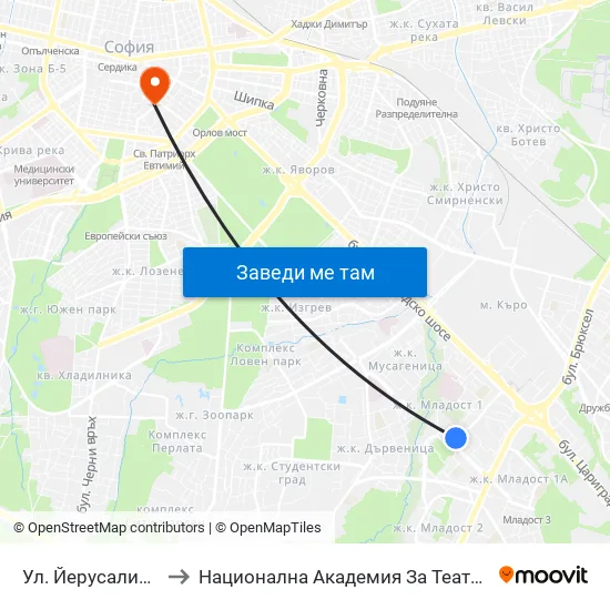 Ул. Йерусалим / Jerusalem St. (0447) to Национална Академия За Театрално И Филмово Изкуство Кръстьо Сарафов map