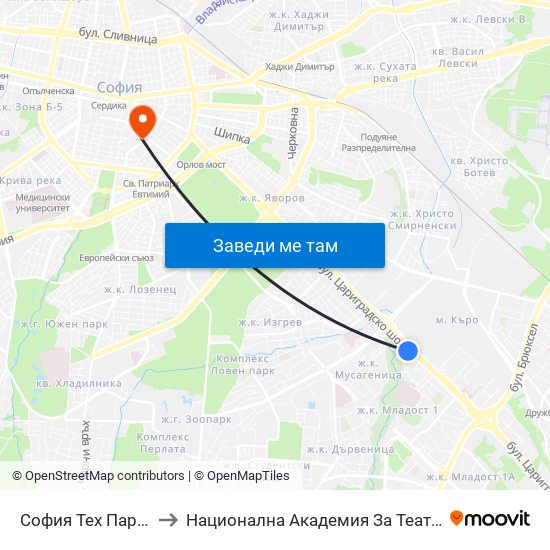 София Тех Парк / Sofia Tech Park (0579) to Национална Академия За Театрално И Филмово Изкуство Кръстьо Сарафов map