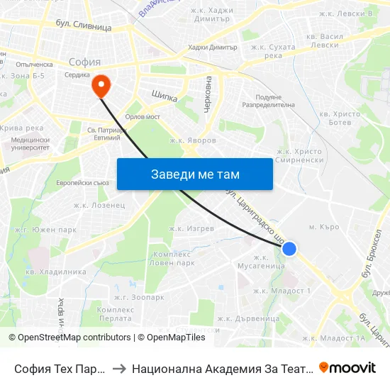 София Тех Парк / Sofia Tech Park (0579) to Национална Академия За Театрално И Филмово Изкуство Кръстьо Сарафов map