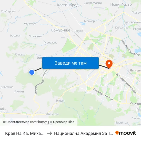 Края На Кв. Михайлово / End Of Mihaylovo Qr. (0982) to Национална Академия За Театрално И Филмово Изкуство Кръстьо Сарафов map