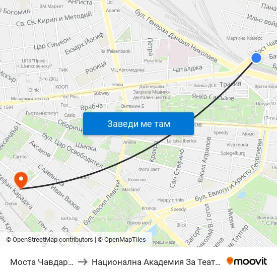 Моста Чавдар / Chavdar Bridge (1102) to Национална Академия За Театрално И Филмово Изкуство Кръстьо Сарафов map