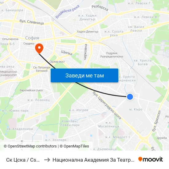 Ск Цска / Cska Sports Club (1152) to Национална Академия За Театрално И Филмово Изкуство Кръстьо Сарафов map