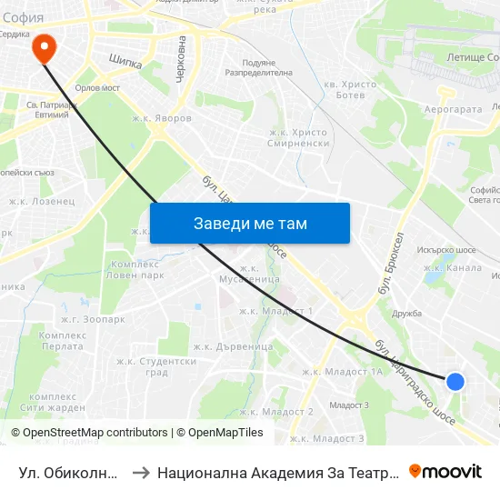Ул. Обиколна / Obikolna St. (2066) to Национална Академия За Театрално И Филмово Изкуство Кръстьо Сарафов map