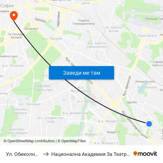 Ул. Обиколна / Obikolna St. (2069) to Национална Академия За Театрално И Филмово Изкуство Кръстьо Сарафов map