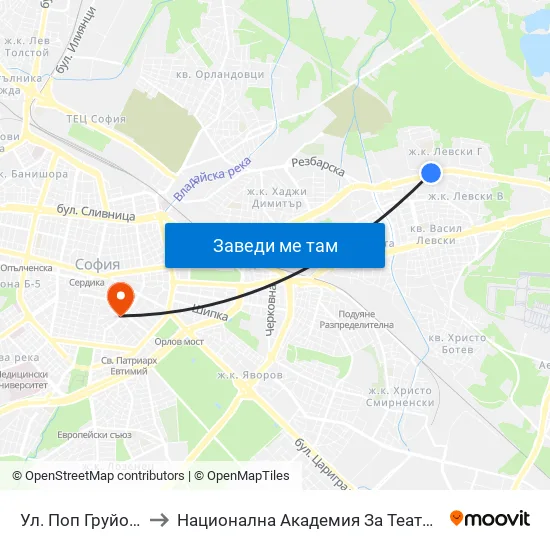 Ул. Поп Груйо / Pop Gruyu St. (2124) to Национална Академия За Театрално И Филмово Изкуство Кръстьо Сарафов map