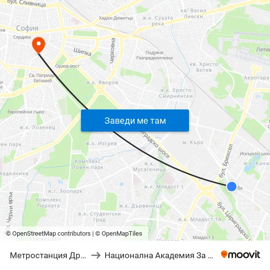 Ⓜ️ Метростанция Дружба / Druzhba Metro Station (2739) to Национална Академия За Театрално И Филмово Изкуство Кръстьо Сарафов map