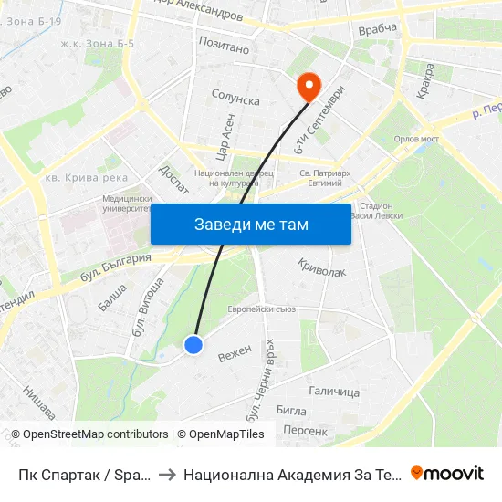 🏊🏻 Пк Спартак / Spartak Swimming Complex (0647) to Национална Академия За Театрално И Филмово Изкуство Кръстьо Сарафов map