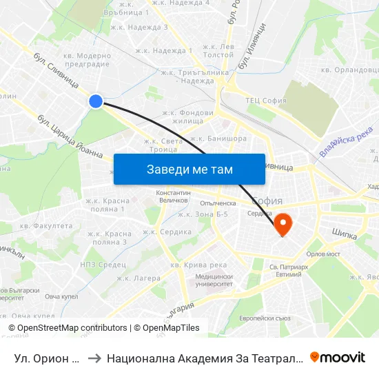 Ул. Орион / Orion St. (2093) to Национална Академия За Театрално И Филмово Изкуство Кръстьо Сарафов map