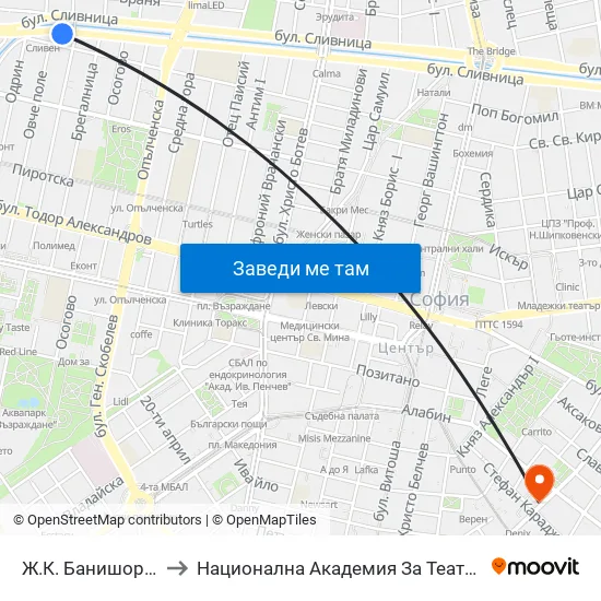 Ж.К. Банишора / Banishora Qr. (0804) to Национална Академия За Театрално И Филмово Изкуство Кръстьо Сарафов map