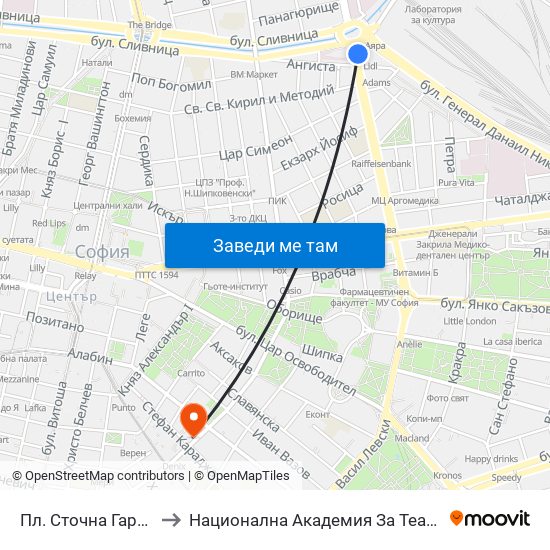 Пл. Сточна Гара / Stochna Gara Sq. (1313) to Национална Академия За Театрално И Филмово Изкуство Кръстьо Сарафов map