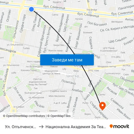 Ул. Опълченска / Opalchenska St. (2087) to Национална Академия За Театрално И Филмово Изкуство Кръстьо Сарафов map