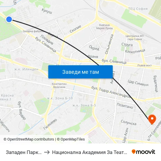 Западен Парк / Zapaden Park (1253) to Национална Академия За Театрално И Филмово Изкуство Кръстьо Сарафов map