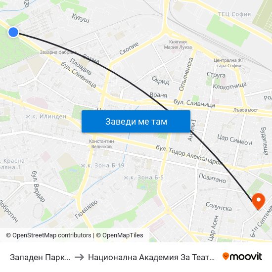 Западен Парк / Zapaden Park (1251) to Национална Академия За Театрално И Филмово Изкуство Кръстьо Сарафов map