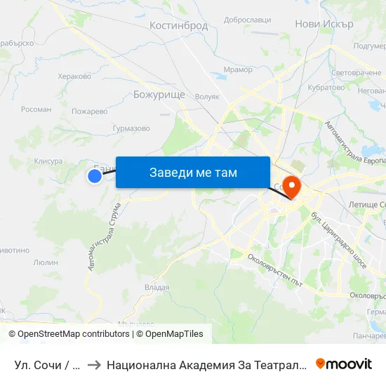 Ул. Сочи / Sochi St. (2787) to Национална Академия За Театрално И Филмово Изкуство Кръстьо Сарафов map