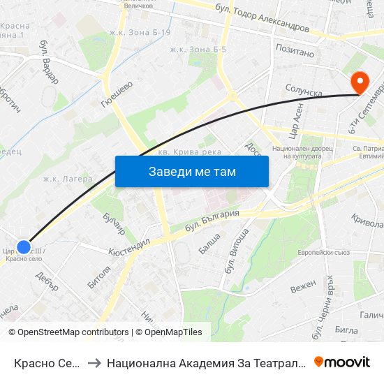 Красно Село / Krasno Selo to Национална Академия За Театрално И Филмово Изкуство Кръстьо Сарафов map
