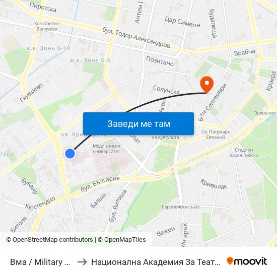 Вма / Military Medical Academy (0419) to Национална Академия За Театрално И Филмово Изкуство Кръстьо Сарафов map