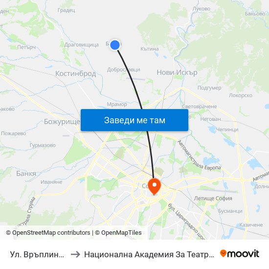 Ул. Връплина / Vraplina St. (2818) to Национална Академия За Театрално И Филмово Изкуство Кръстьо Сарафов map