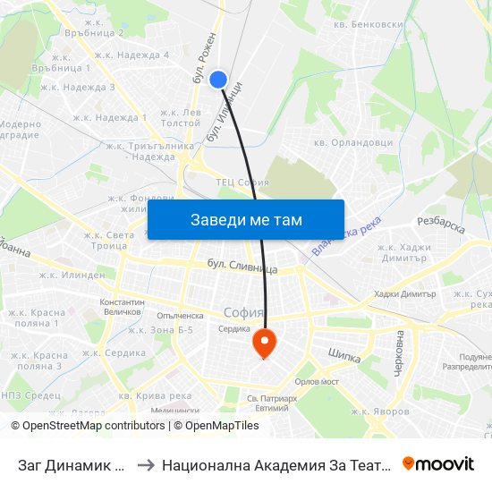 Заг Динамик Ад / Dynamic Ltd. (0727) to Национална Академия За Театрално И Филмово Изкуство Кръстьо Сарафов map