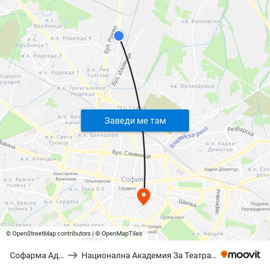 Софарма Ад / Sopharma (0744) to Национална Академия За Театрално И Филмово Изкуство Кръстьо Сарафов map