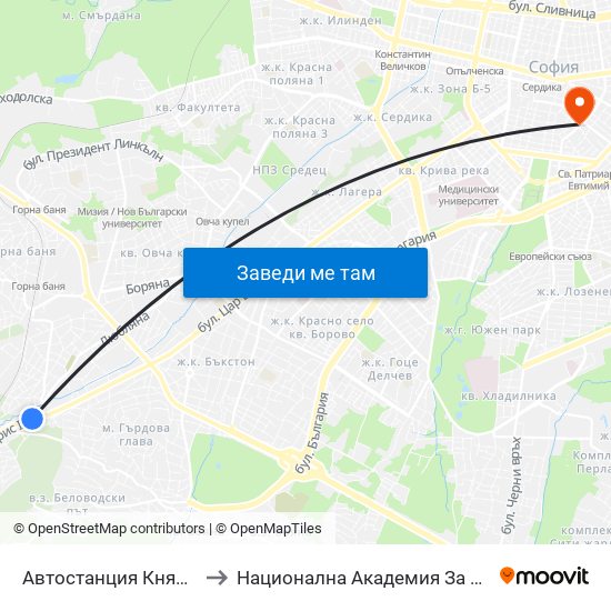 Автостанция Княжево / Knyazhevo Bus Station (6035) to Национална Академия За Театрално И Филмово Изкуство Кръстьо Сарафов map