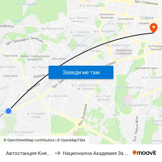 🚌 Автостанция Княжево / Knyazhevo Bus Station (6035) to Национална Академия За Театрално И Филмово Изкуство Кръстьо Сарафов map