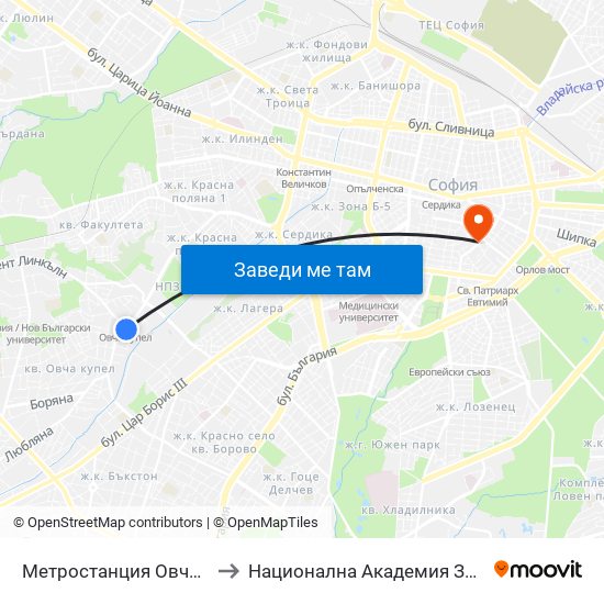 Метростанция Овча Купел / Ovcha Kupel Metro Station (6037) to Национална Академия За Театрално И Филмово Изкуство Кръстьо Сарафов map