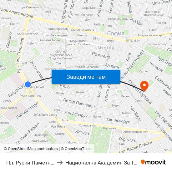 Пл. Руски Паметник / Russian Monument Sq. (1300) to Национална Академия За Театрално И Филмово Изкуство Кръстьо Сарафов map