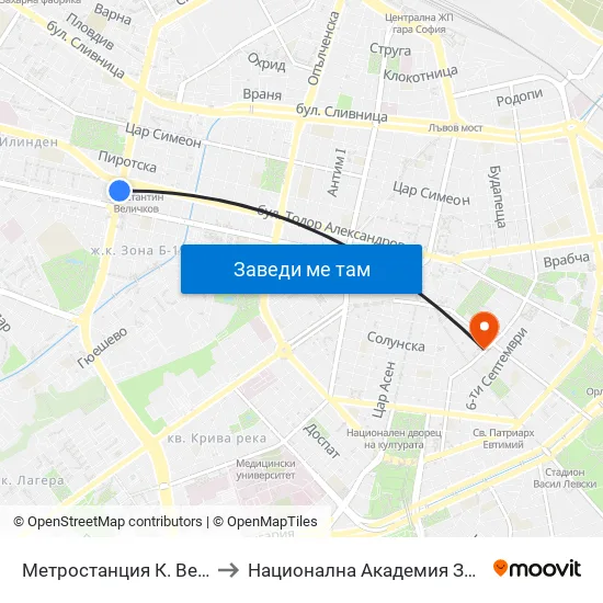 Ⓜ️ Метростанция К. Величков / K. Velichkov Metro Station (1051) to Национална Академия За Театрално И Филмово Изкуство Кръстьо Сарафов map