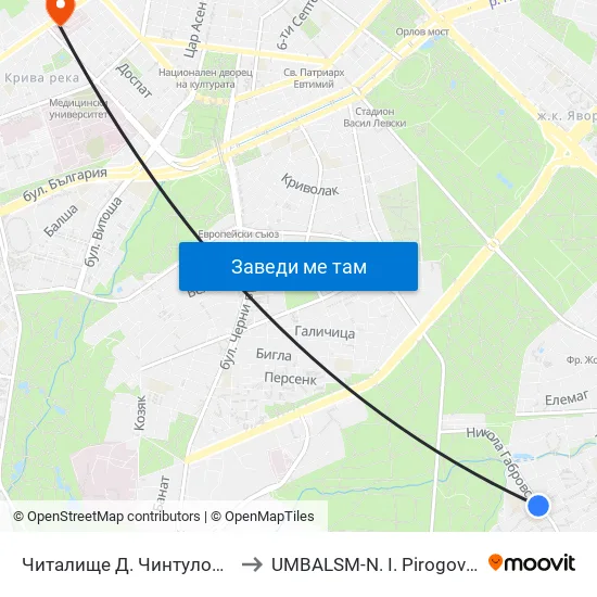 📚 Читалище Д. Чинтулов / D. Chintulov Library (2365) to UMBALSM-N. I. Pirogov (УМБАЛСМ-Н. И. Пирогов) map