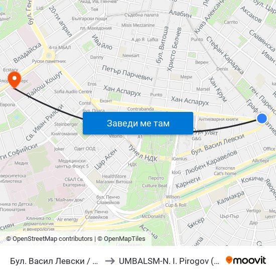 Бул. Васил Левски / Vasil Levski Blvd. (0299) to UMBALSM-N. I. Pirogov (УМБАЛСМ-Н. И. Пирогов) map