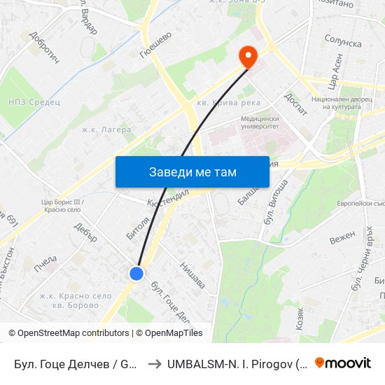 Бул. Гоце Делчев / Gotse Delchev Blvd. (0308) to UMBALSM-N. I. Pirogov (УМБАЛСМ-Н. И. Пирогов) map