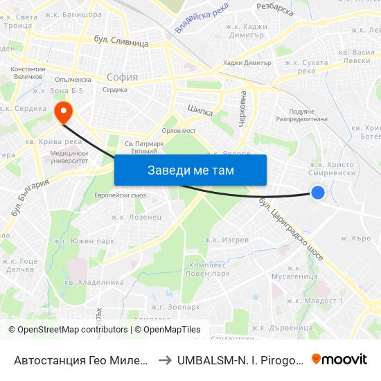 Автостанция Гео Милев / Geo Milev Bus Station (0052) to UMBALSM-N. I. Pirogov (УМБАЛСМ-Н. И. Пирогов) map