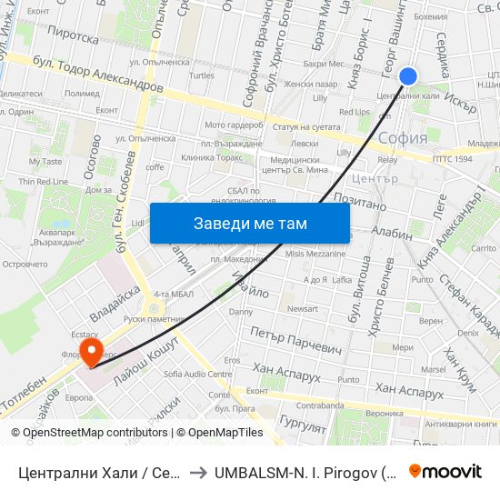 Централни Хали / Central Market Hall (2337) to UMBALSM-N. I. Pirogov (УМБАЛСМ-Н. И. Пирогов) map