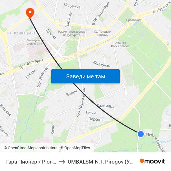 Гара Пионер / Pioneer Station (0465) to UMBALSM-N. I. Pirogov (УМБАЛСМ-Н. И. Пирогов) map