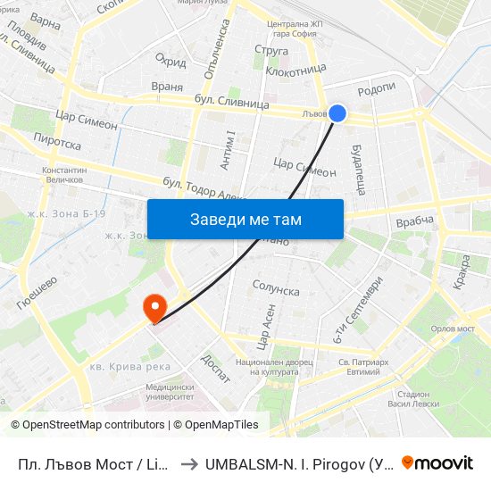 Пл. Лъвов Мост / Lions' Bridge Sq. (1275) to UMBALSM-N. I. Pirogov (УМБАЛСМ-Н. И. Пирогов) map