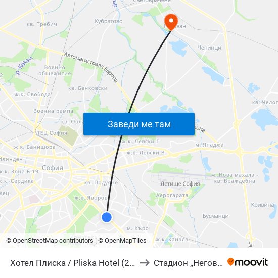 Хотел Плиска / Pliska Hotel (2326) to Стадион „Негован“ map