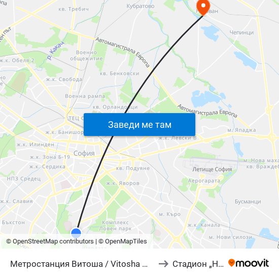 Метростанция Витоша / Vitosha Metro Station (2654) to Стадион „Негован“ map