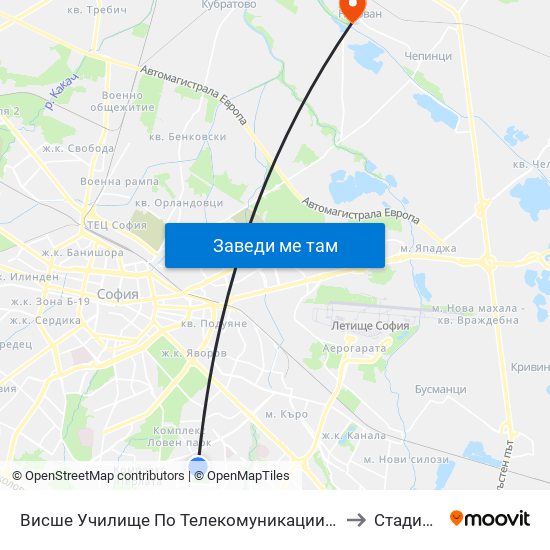 Висше Училище По Телекомуникации / University Of Telecommunications And Post (1397) to Стадион „Негован“ map