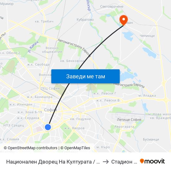 Национален Дворец На Културата / National Palace Of Culture (1139) to Стадион „Негован“ map