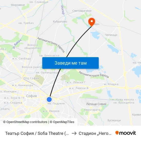 Театър София / Sofia Theatre (1727) to Стадион „Негован“ map