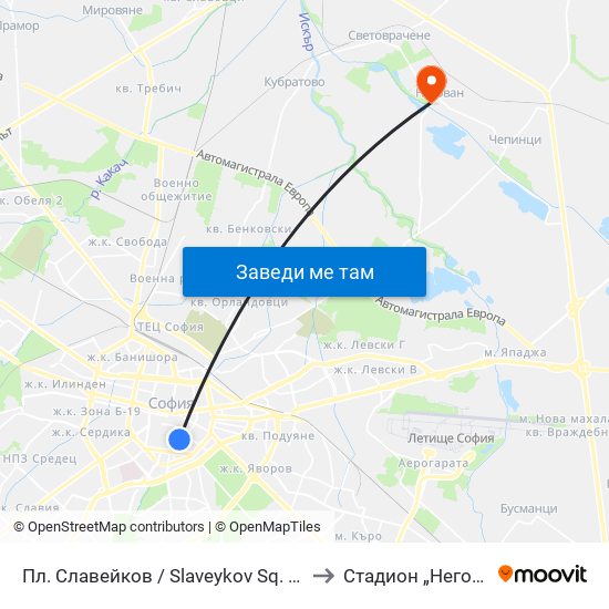 Пл. Славейков / Slaveykov Sq. (1908) to Стадион „Негован“ map