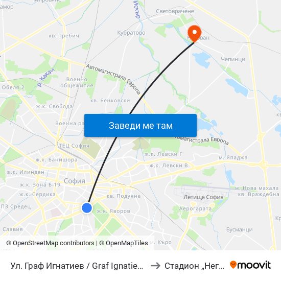 Ул. Граф Игнатиев / Graf Ignatiev St. (1914) to Стадион „Негован“ map