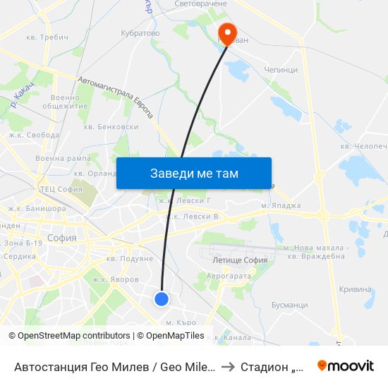 Автостанция Гео Милев / Geo Milev Bus Station (0052) to Стадион „Негован“ map